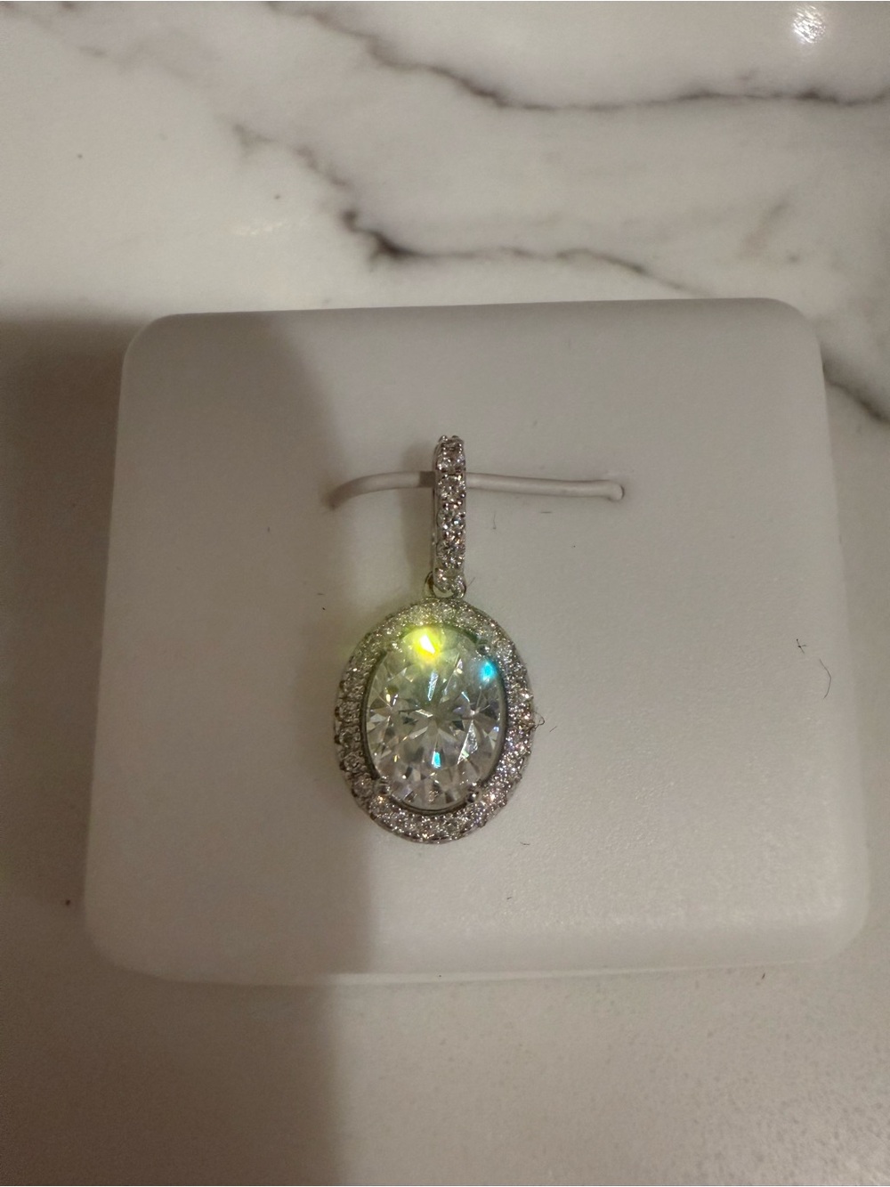 New Moissanite Oval Halo Drop Pendant in Sterling Silver - Picture 3 of 4